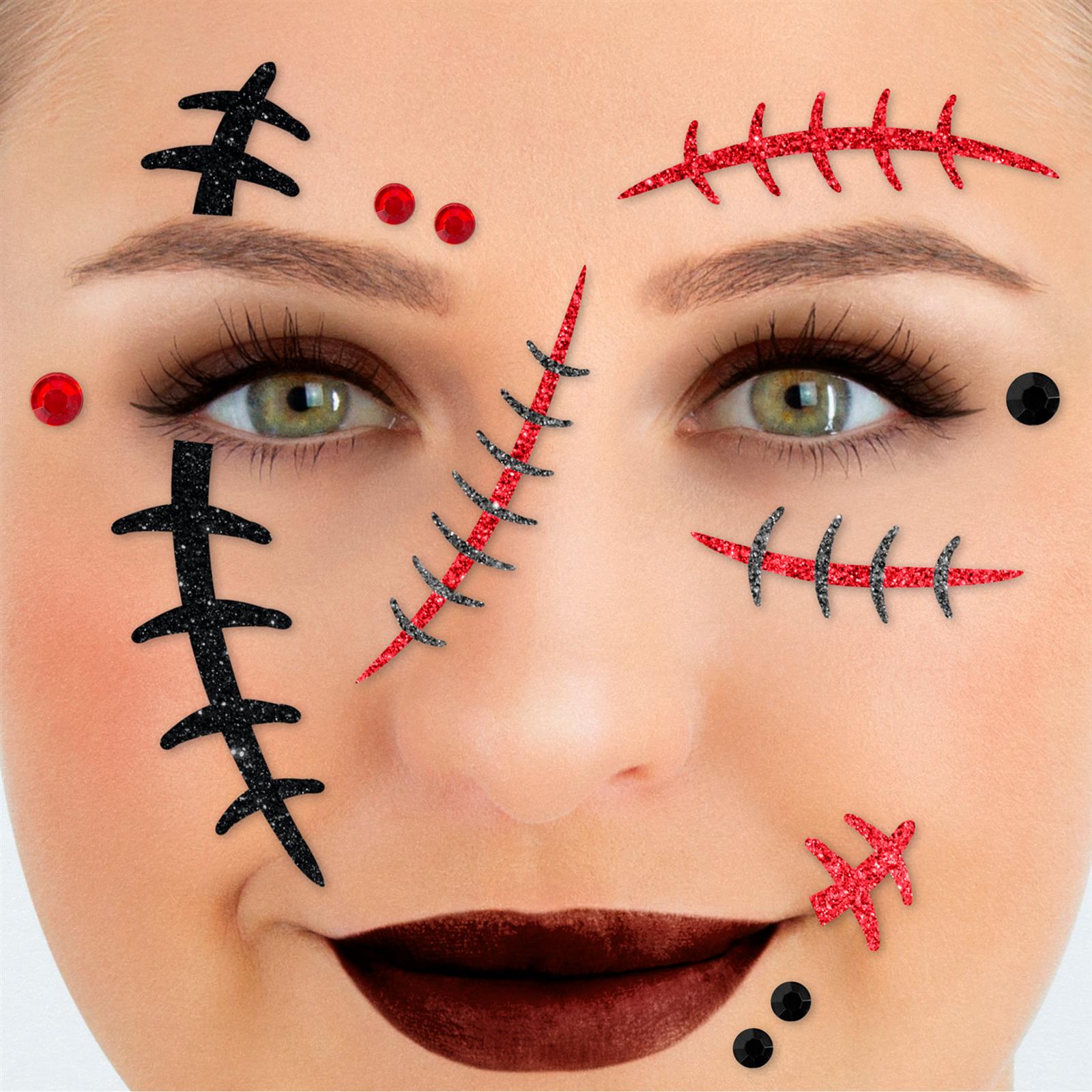 Face Tattoo scars red black silver glitter