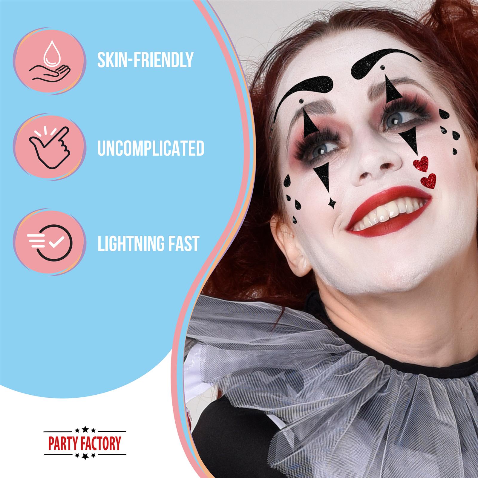Vintage Face Tattoo harlequin white black red glitter 4