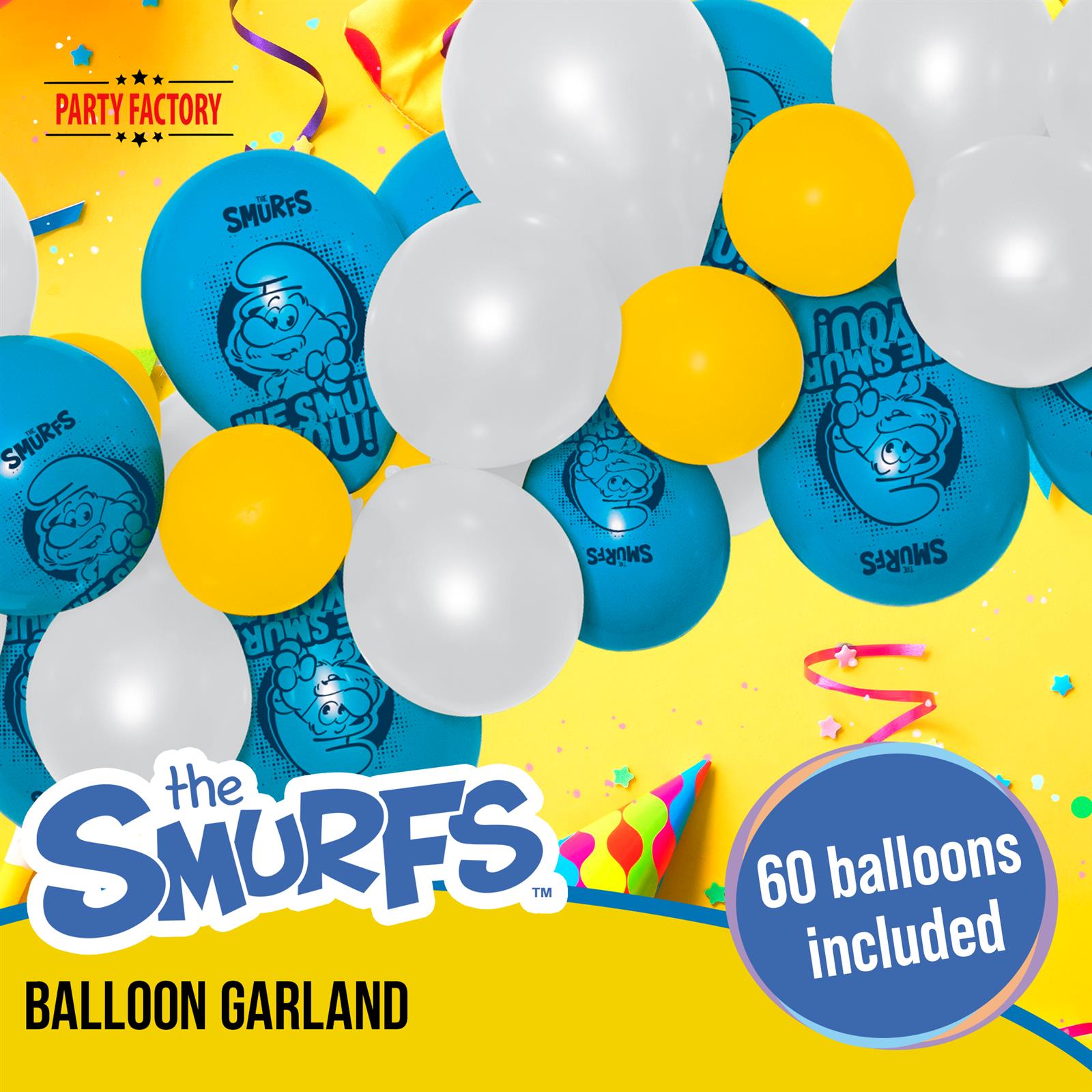 Smurfs balloon garland of 60 white blue and yellow latex balloons 2